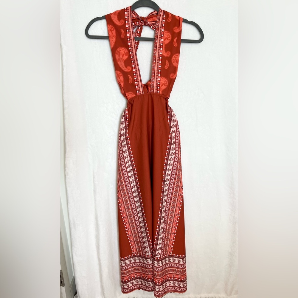 Elegant Red-Orange Halter Paisley Women's Dress